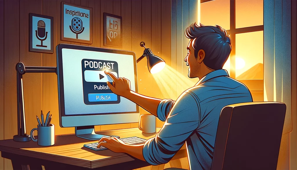 guy at computer about to publish his podcast