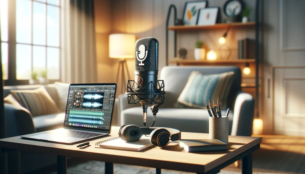 warm and inviting home podcast studio in a living room